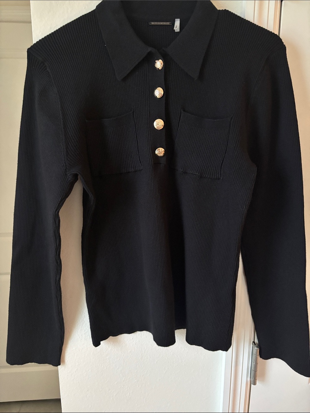 Elie Tahari Black Ribbed Long Sleeve Polo with Gold Buttons